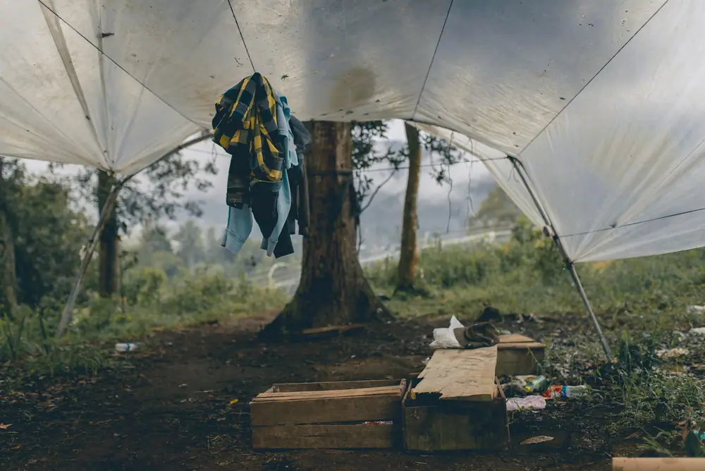 Clothes and a jacket hanging to dry under a tarp shelter in the woods
